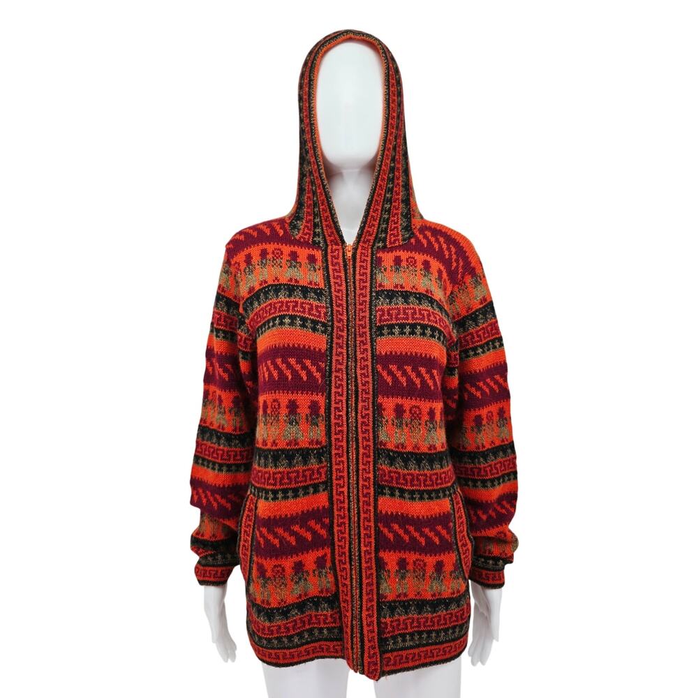 Vintage Peruvian Alpaca Hooded Cardigan Sweater Handmade Orange L
